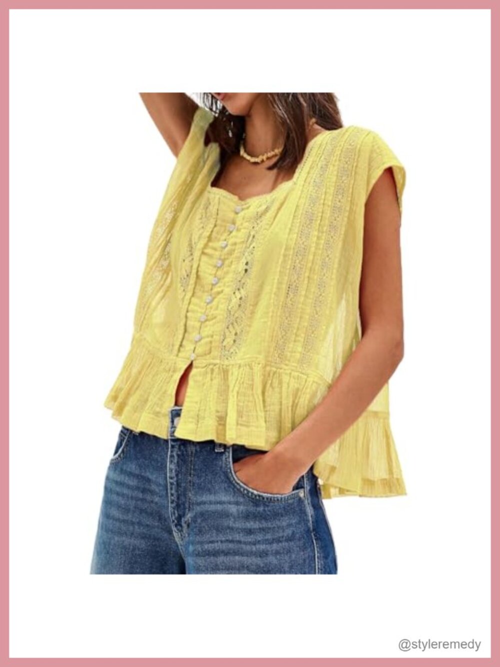 Semi Sheer Button Down Blouse Lace Ruffle Trim Cap Sleeve Casual Flowy Crop Top